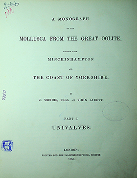Morris J.F.G.S. and Lycett J. A monograph of the Mollusca from the Great Oolite chiefly from Minchinhampton and the coast of Yorkshire / J. Morris, F. G. S. and J. Lycett. – London: printed for the Palaeontographical Society.
                Part 1: Univalves. – 1850. – 130 p.;15tab.
                Part 2: Bivalves. – 1854. – 148 p.;15btab.